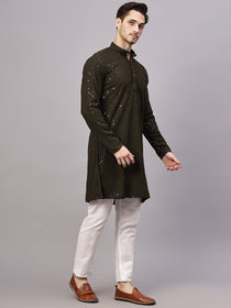 VORA LABEL Men Rayon Schiffli Chikankari Embroidered Long Kurta Set - Yellow