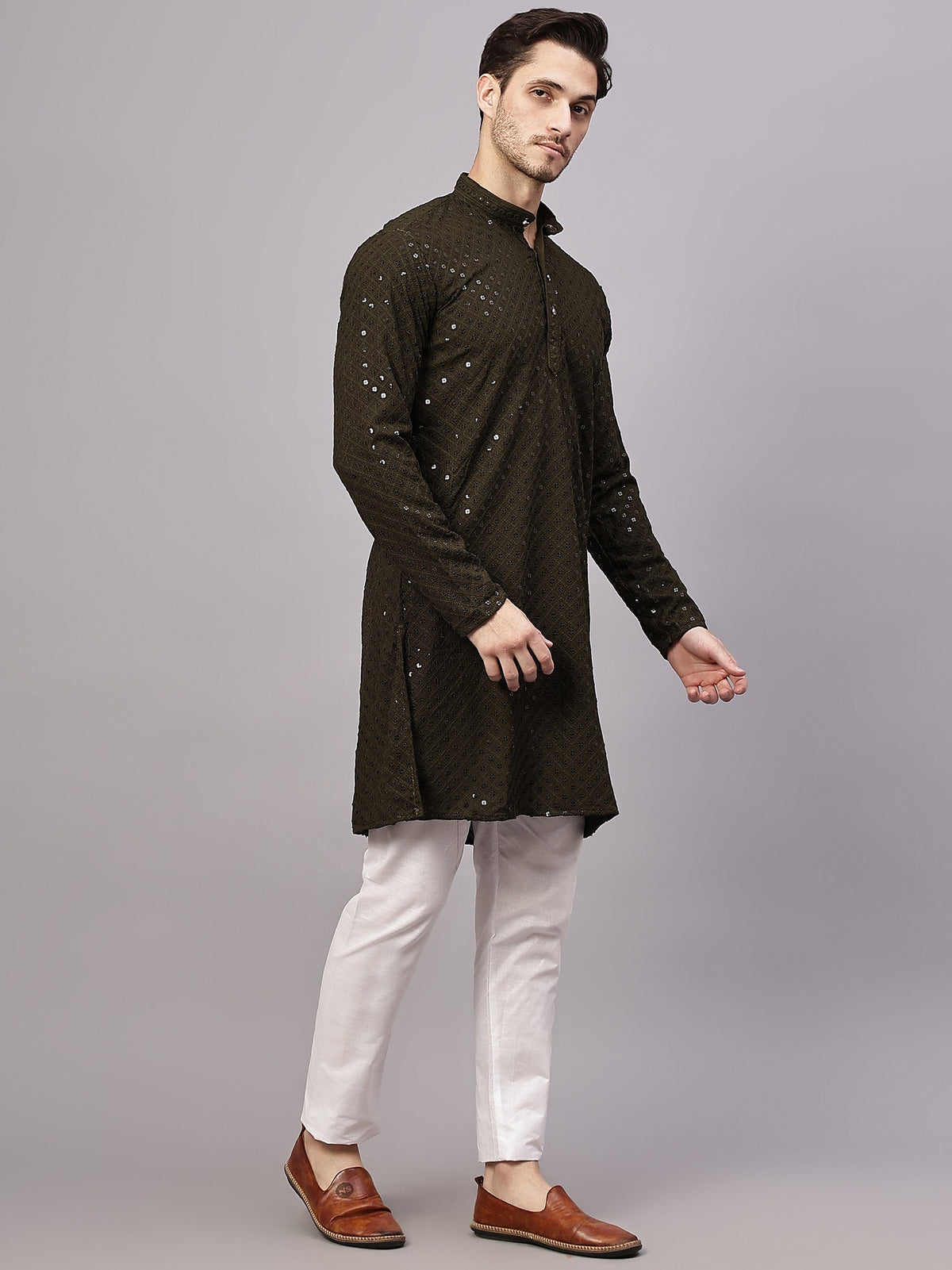 VORA LABEL Men Rayon Schiffli Chikankari Embroidered Long Kurta Set - Yellow