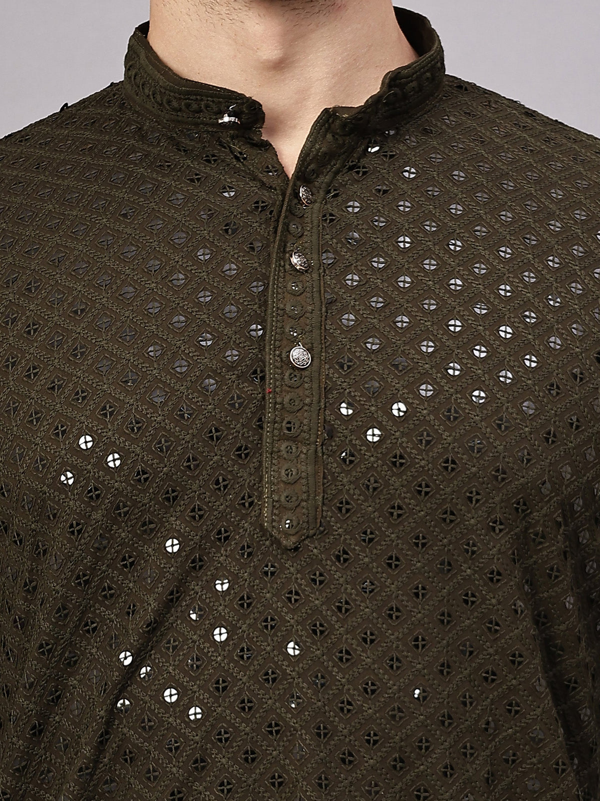 VORA LABEL Men Rayon Schiffli Chikankari Embroidered Long Kurta Set - Yellow