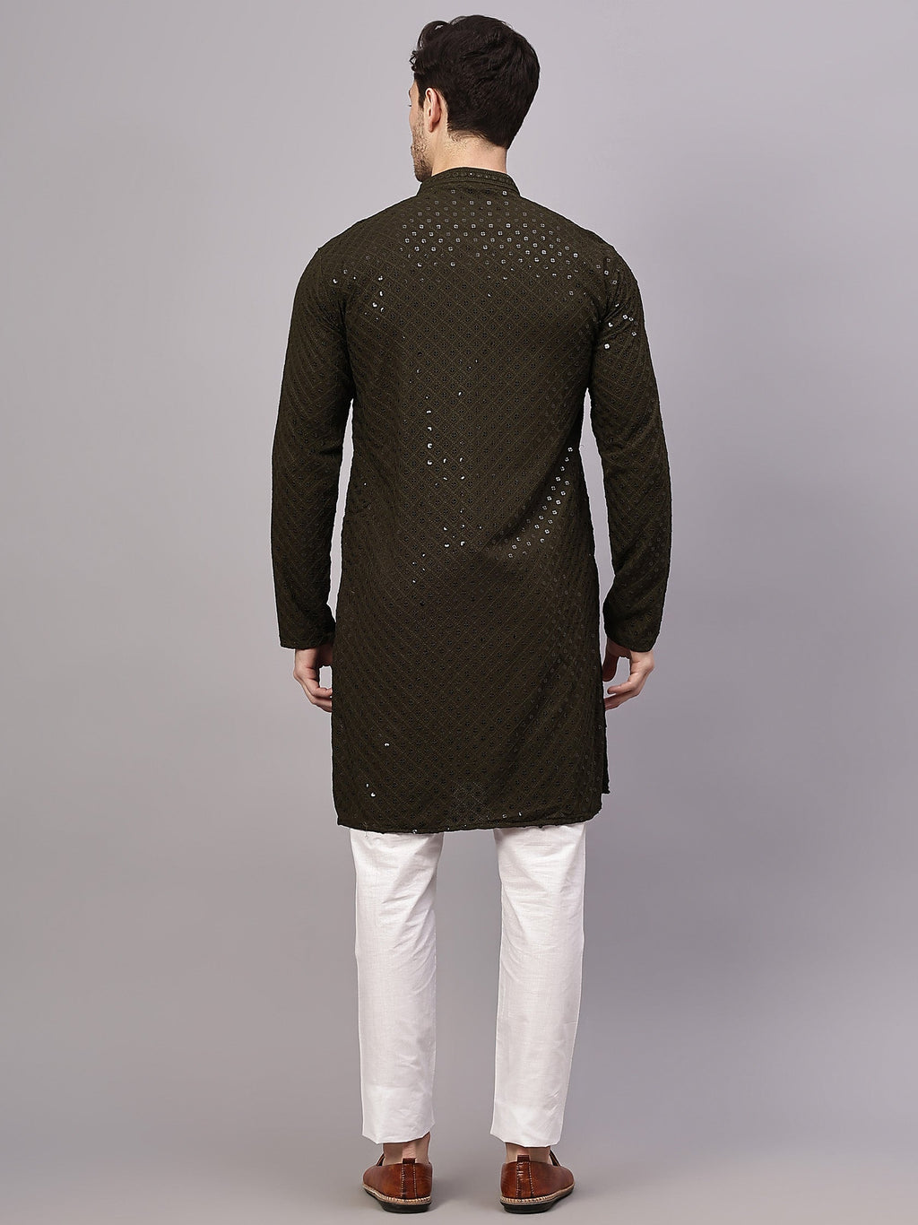 VORA LABEL Men Rayon Schiffli Chikankari Embroidered Long Kurta Set - Yellow