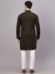 VORA LABEL Men Rayon Schiffli Chikankari Embroidered Long Kurta Set - Yellow