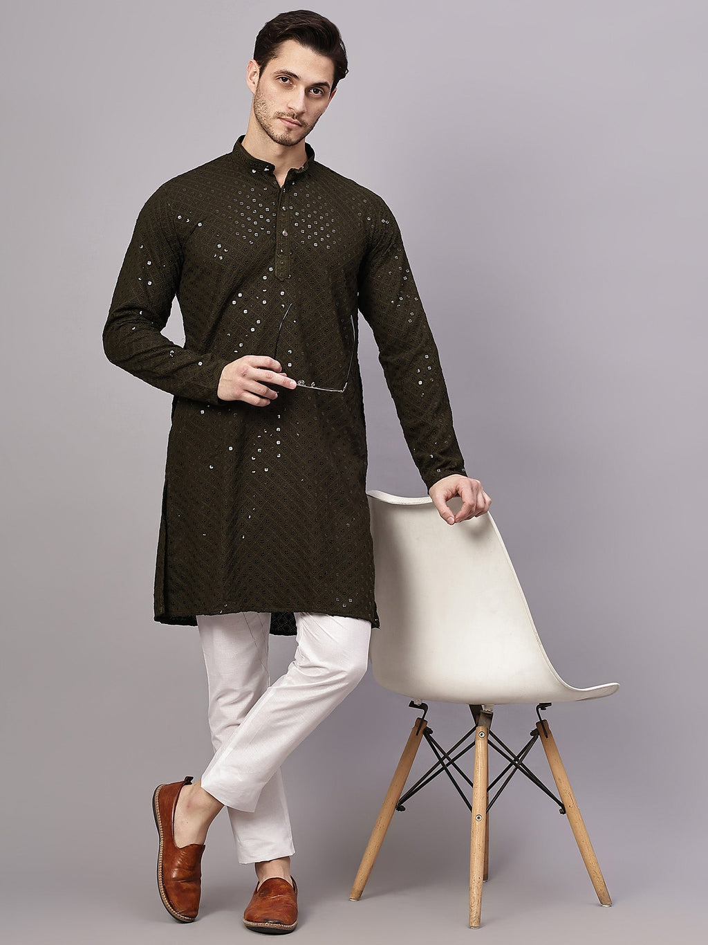 VORA LABEL Men Rayon Schiffli Chikankari Embroidered Long Kurta Set - Yellow