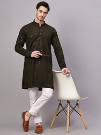 VORA LABEL Men Rayon Schiffli Chikankari Embroidered Long Kurta Set - Yellow