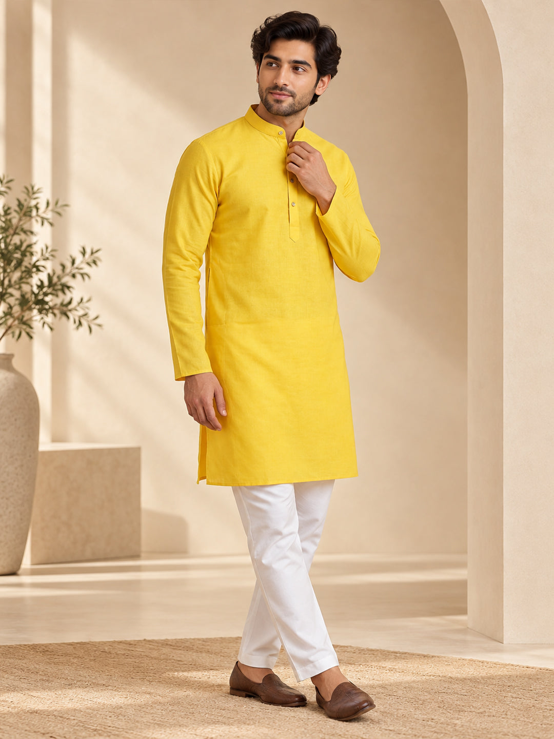 VORA LABEL Men’s Cotton Blend Solid Yellow Kurta | Mandarin Collar Full Sleeve Kurta | Ethnic & Festive Wear Main image