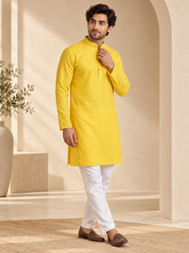 VORA LABEL Men’s Cotton Blend Solid Yellow Kurta | Mandarin Collar Full Sleeve Kurta | Ethnic & Festive Wear