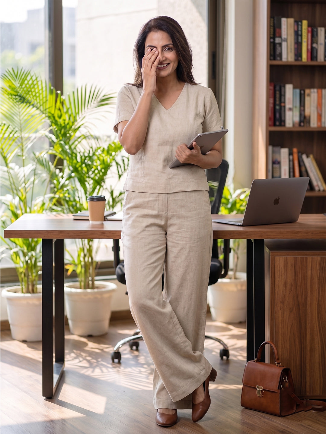 VORA LABEL Women Linen Solid Relaxed Fit Co-ord Set - Cream