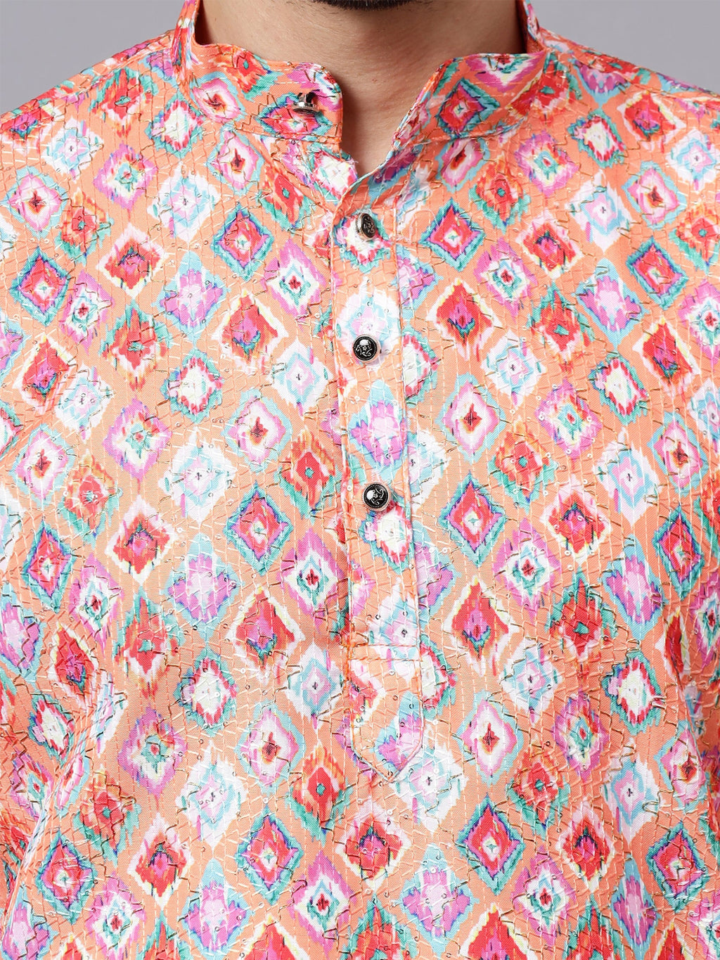 VORA LABEL Men's Multicolor Printed Pure Cotton Kurta | Full Sleeve Mandarin Collar Traditional Ethnic Wear