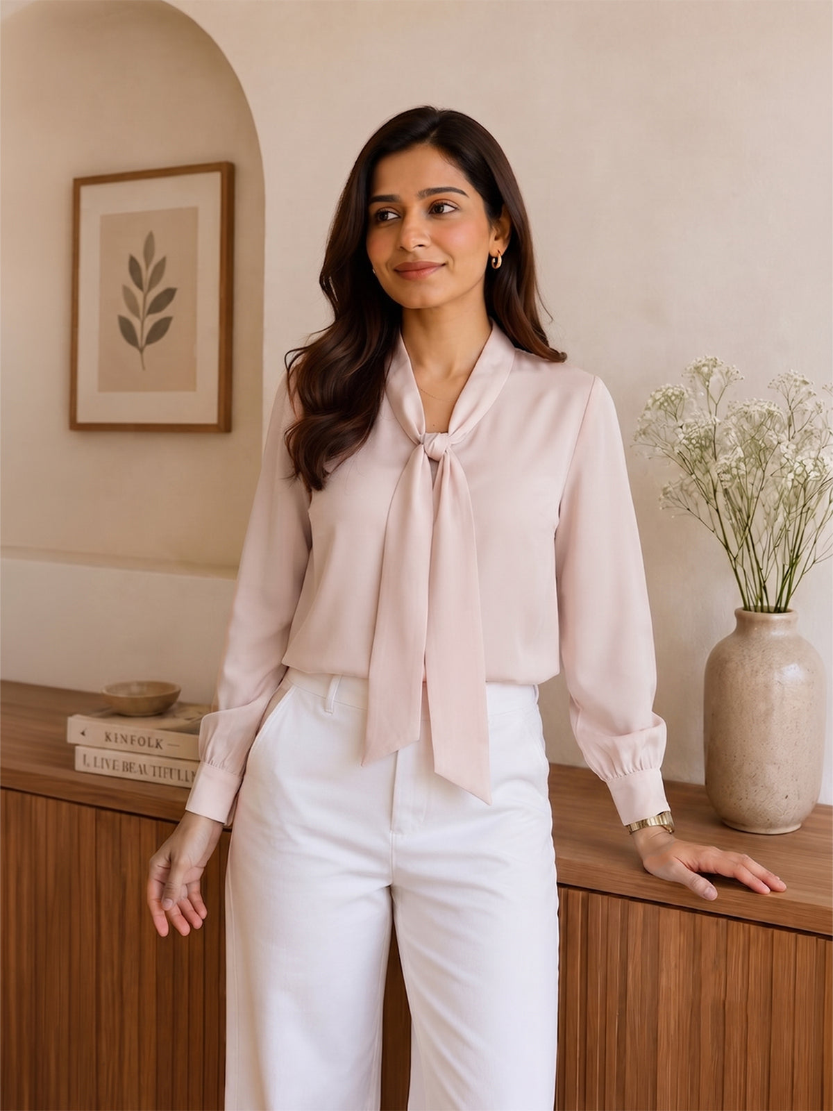 VORA LABEL Women’s Light Pink Crepe Tie-Neck Full Sleeve Blouse Main image