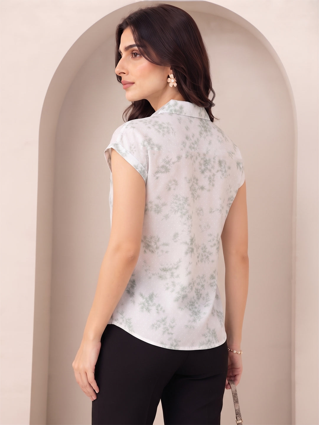 VORA LABEL Women Viscose Rayon Floral Printed Regular Fit Short Sleeve Shirt - White