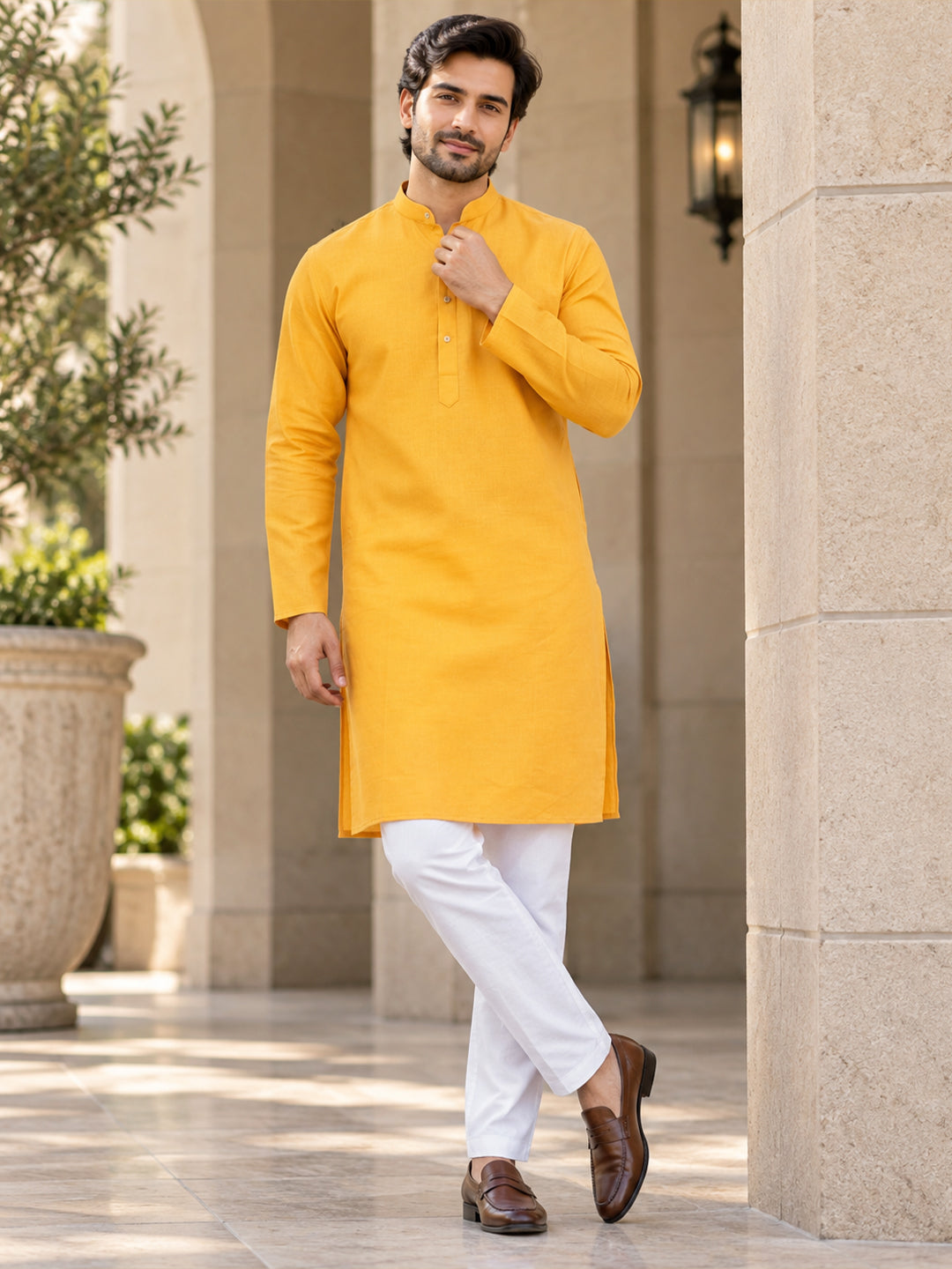 Men's Solid Cotton Blend Kurta | Full Sleeve Mandarin Collar Traditional Kurta | VORA LABEL