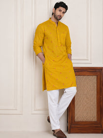 VORA LABEL Men Cotton Printed Regular Fit Long Kurta - Yellow