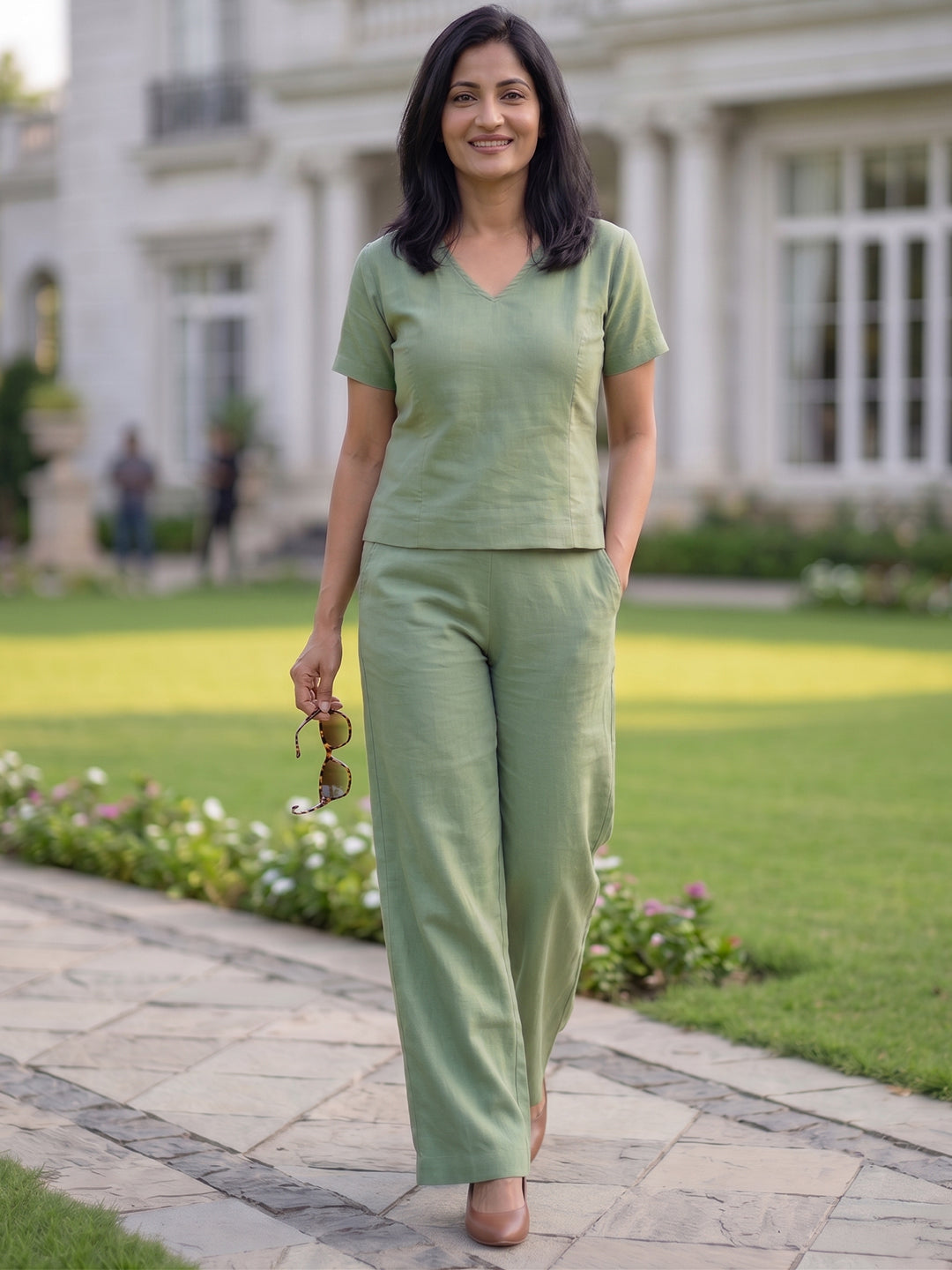 VORA LABEL Women Linen Solid Relaxed Fit Co-ord Set - Light Green Secondary image