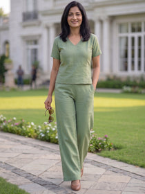 VORA LABEL Women Linen Solid Relaxed Fit Co-ord Set - Light Green