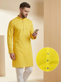 VORA LABEL Men’s Cotton Blend Solid Yellow Kurta | Mandarin Collar Full Sleeve Kurta | Ethnic & Festive Wear