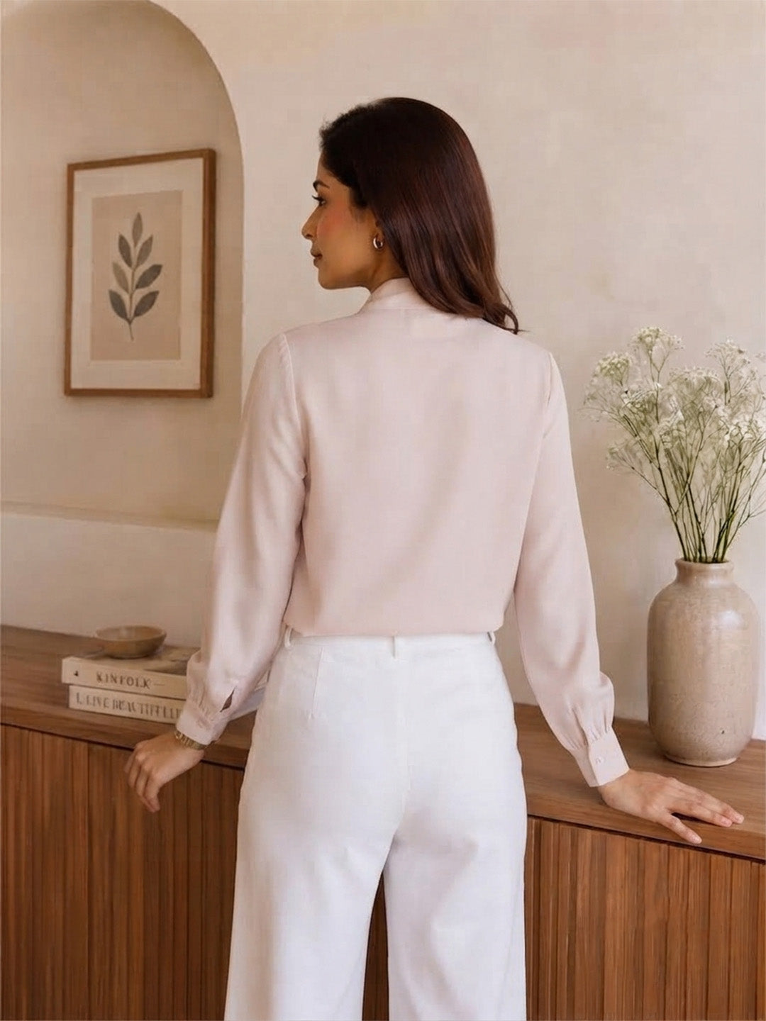 VORA LABEL Women’s Light Pink Crepe Tie-Neck Full Sleeve Blouse Secondary image