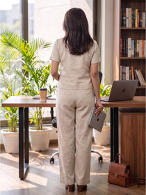 VORA LABEL Women Linen Solid Relaxed Fit Co-ord Set - Cream