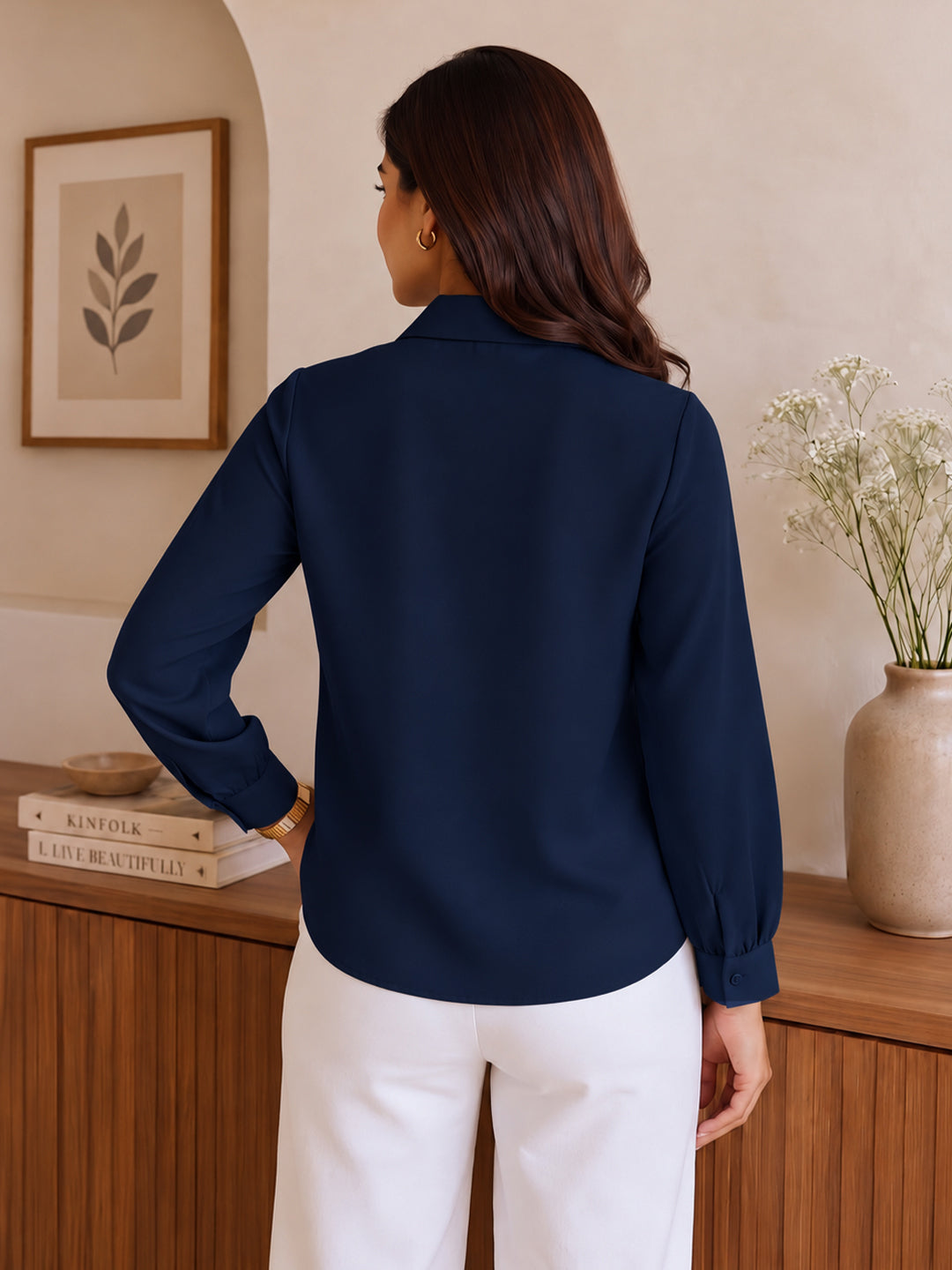VORA LABEL Women’s Navy Blue Crepe Bow-Tie Neck Blouse
