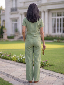 VORA LABEL Women Linen Solid Relaxed Fit Co-ord Set - Light Green