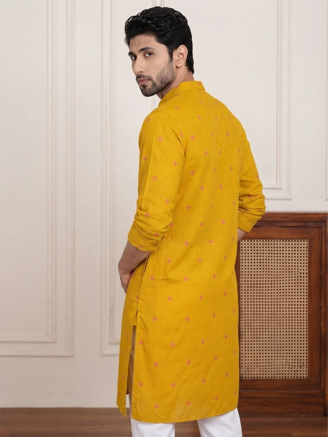 VORA LABEL Men Cotton Printed Regular Fit Long Kurta - Yellow Secondary image