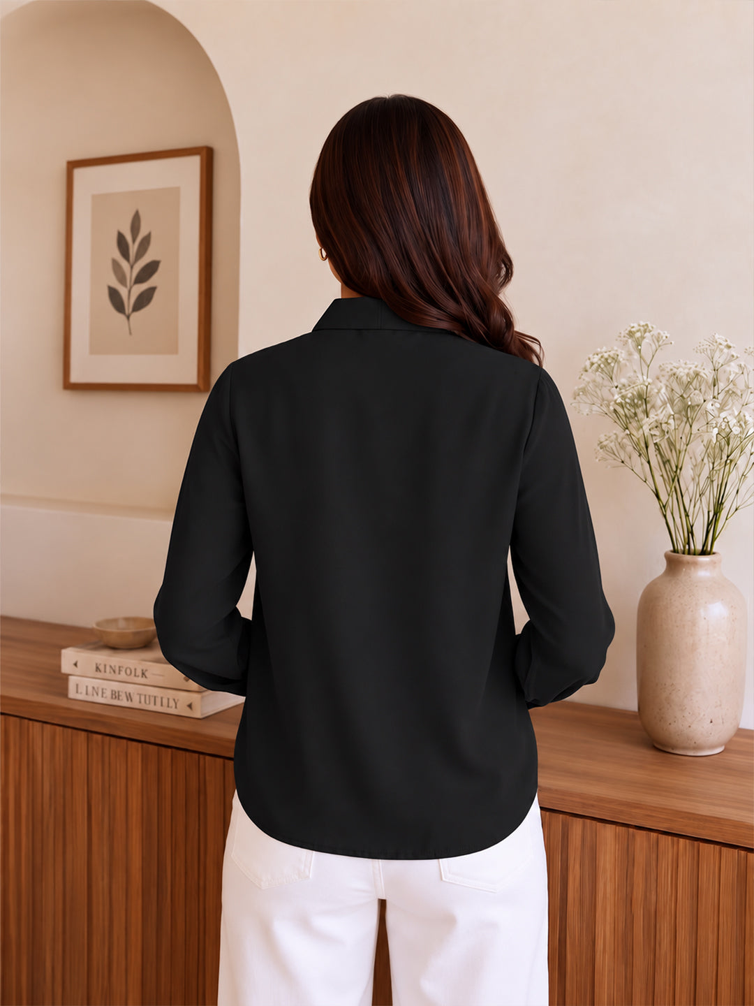 VORA LABEL Women’s Black Crepe Bow-Tie Neck Blouse