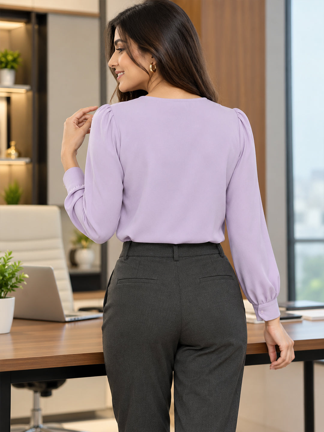 VORA LABEL Women's Premium Lavender Crepe V-Neck Top with Full Sleeves | Elegant Formal & Office Wear Blouse Secondary image