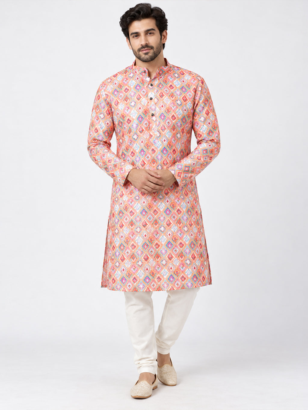 VORA LABEL Men's Multicolor Printed Pure Cotton Kurta | Full Sleeve Mandarin Collar Traditional Ethnic Wear