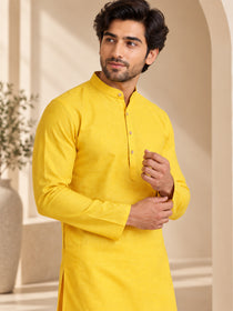 VORA LABEL Men’s Cotton Blend Solid Yellow Kurta | Mandarin Collar Full Sleeve Kurta | Ethnic & Festive Wear