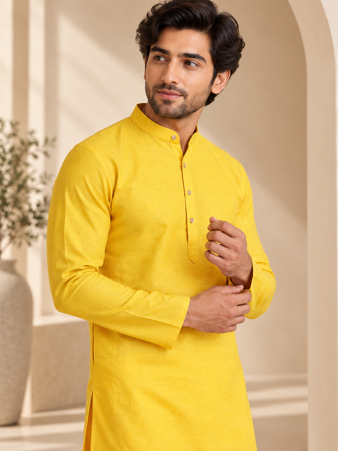 VORA LABEL Men’s Cotton Blend Solid Yellow Kurta | Mandarin Collar Full Sleeve Kurta | Ethnic & Festive Wear