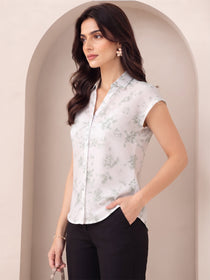 VORA LABEL Women Viscose Rayon Floral Printed Regular Fit Short Sleeve Shirt - White
