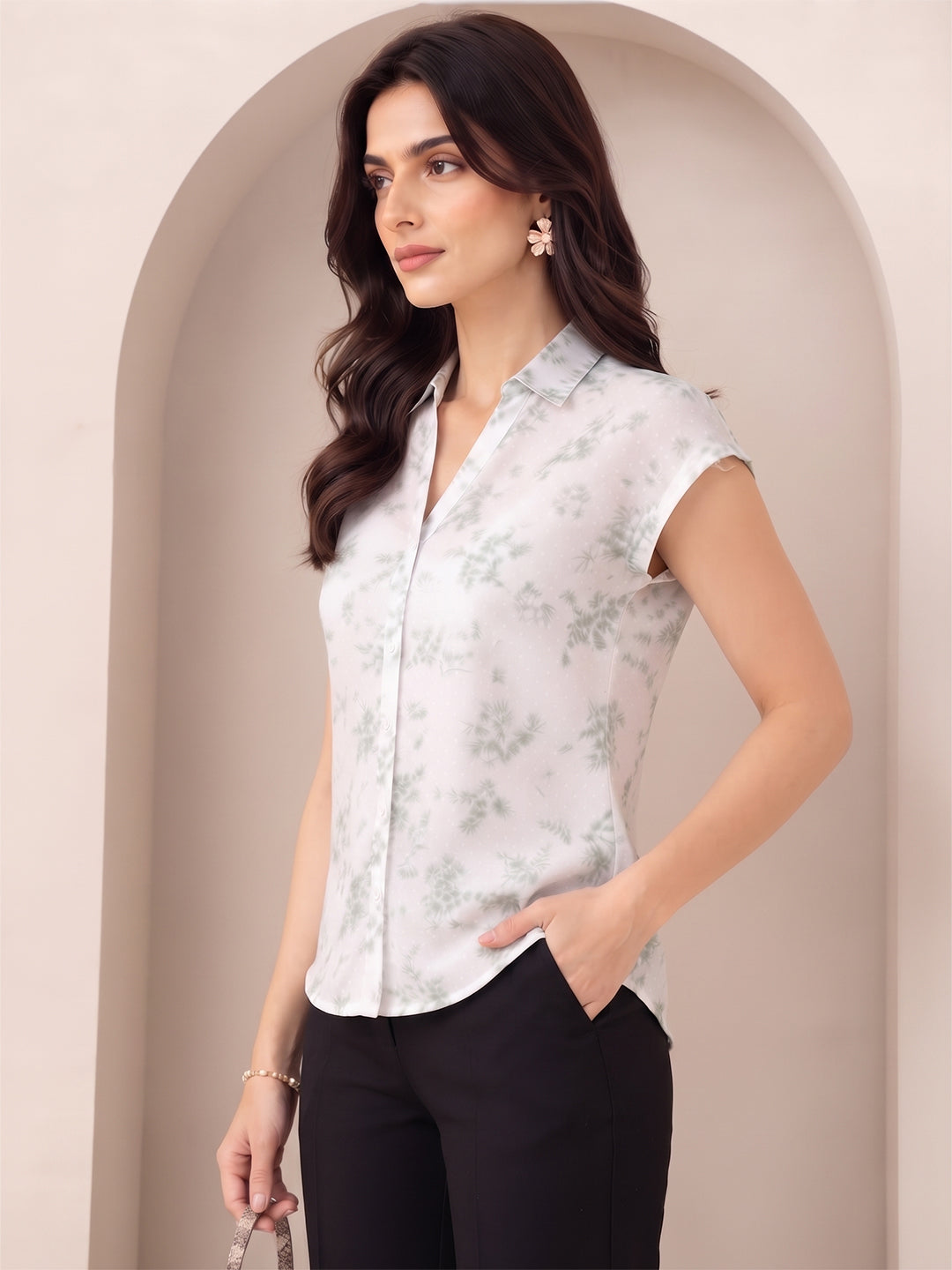 VORA LABEL Women Viscose Rayon Floral Printed Regular Fit Short Sleeve Shirt - White