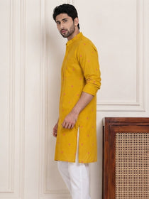 VORA LABEL Men Cotton Printed Regular Fit Long Kurta - Yellow
