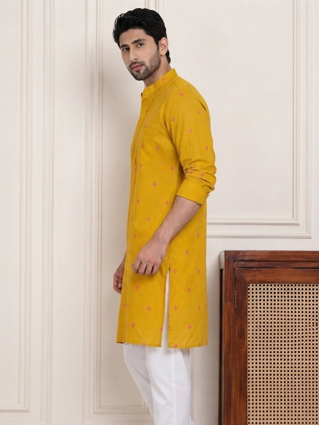 VORA LABEL Men Cotton Printed Regular Fit Long Kurta - Yellow