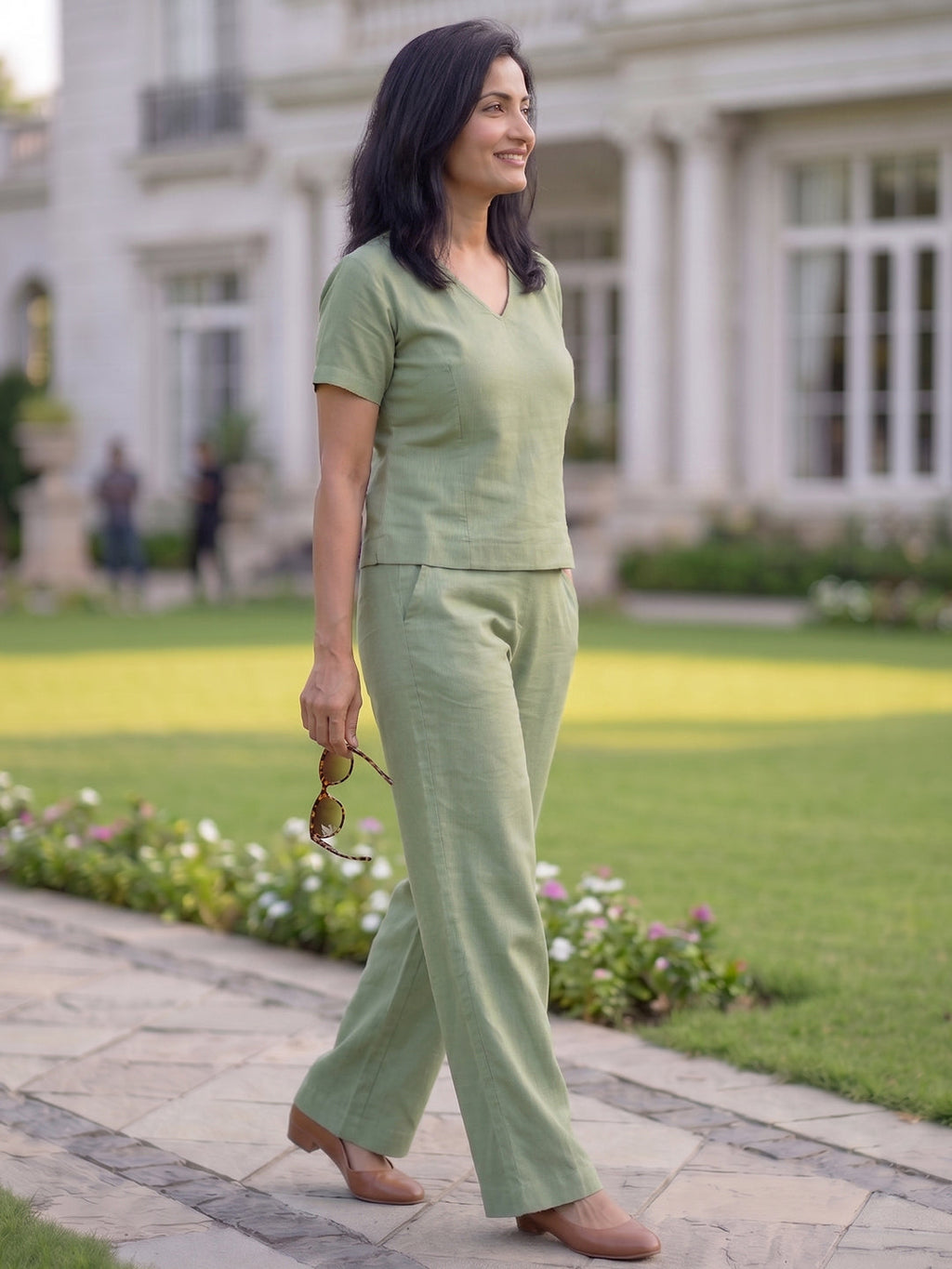 VORA LABEL Women Linen Solid Relaxed Fit Co-ord Set - Light Green