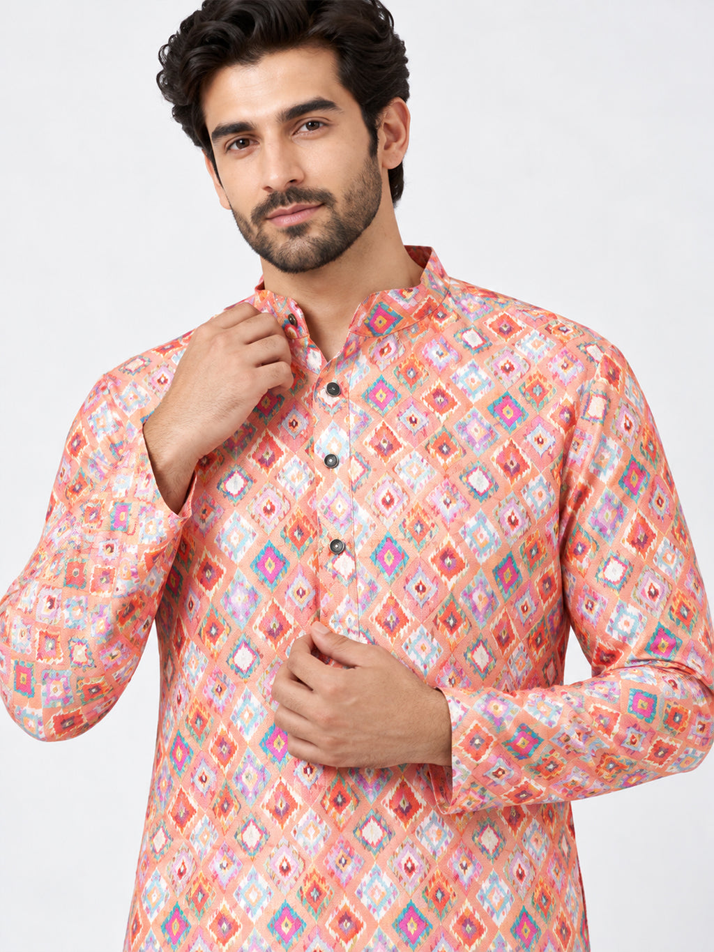 VORA LABEL Men's Multicolor Printed Pure Cotton Kurta | Full Sleeve Mandarin Collar Traditional Ethnic Wear