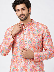 VORA LABEL Men's Multicolor Printed Pure Cotton Kurta | Full Sleeve Mandarin Collar Traditional Ethnic Wear