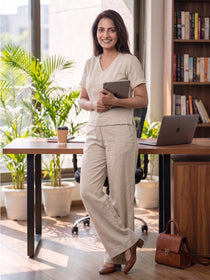 VORA LABEL Women Linen Solid Relaxed Fit Co-ord Set - Cream
