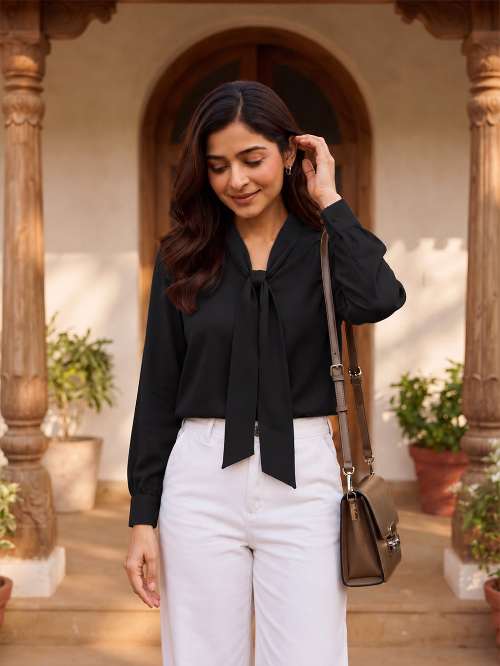 VORA LABEL Women’s Black Crepe Bow-Tie Neck Blouse