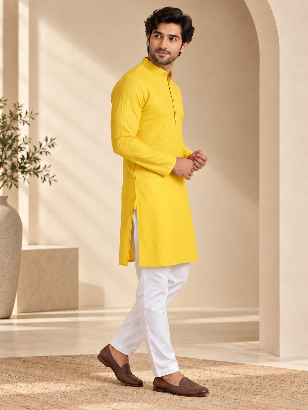 VORA LABEL Men’s Cotton Blend Solid Yellow Kurta | Mandarin Collar Full Sleeve Kurta | Ethnic & Festive Wear