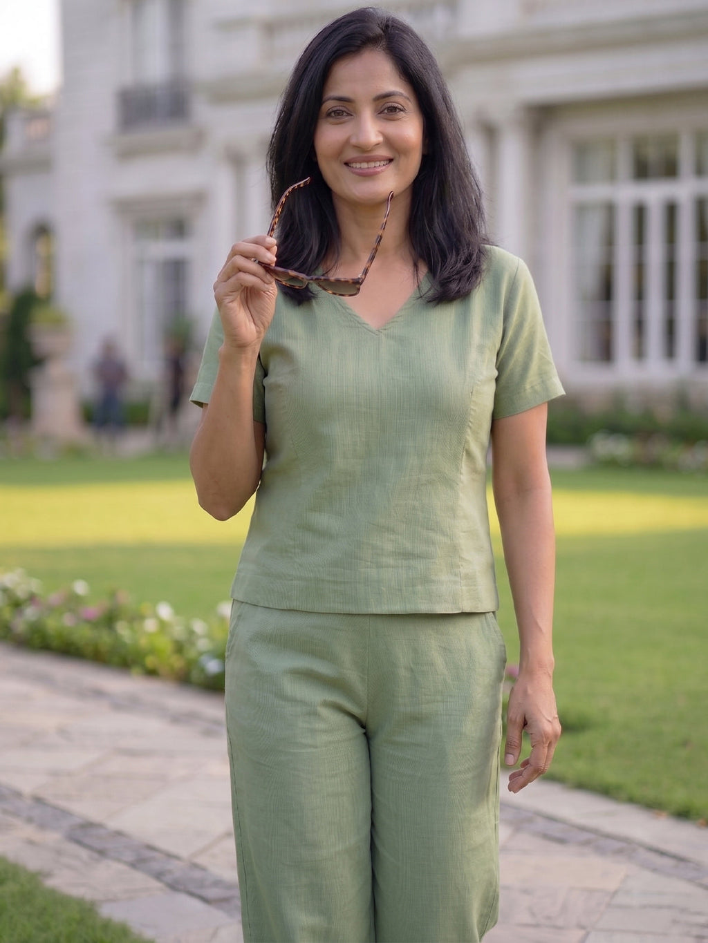 VORA LABEL Women Linen Solid Relaxed Fit Co-ord Set - Light Green