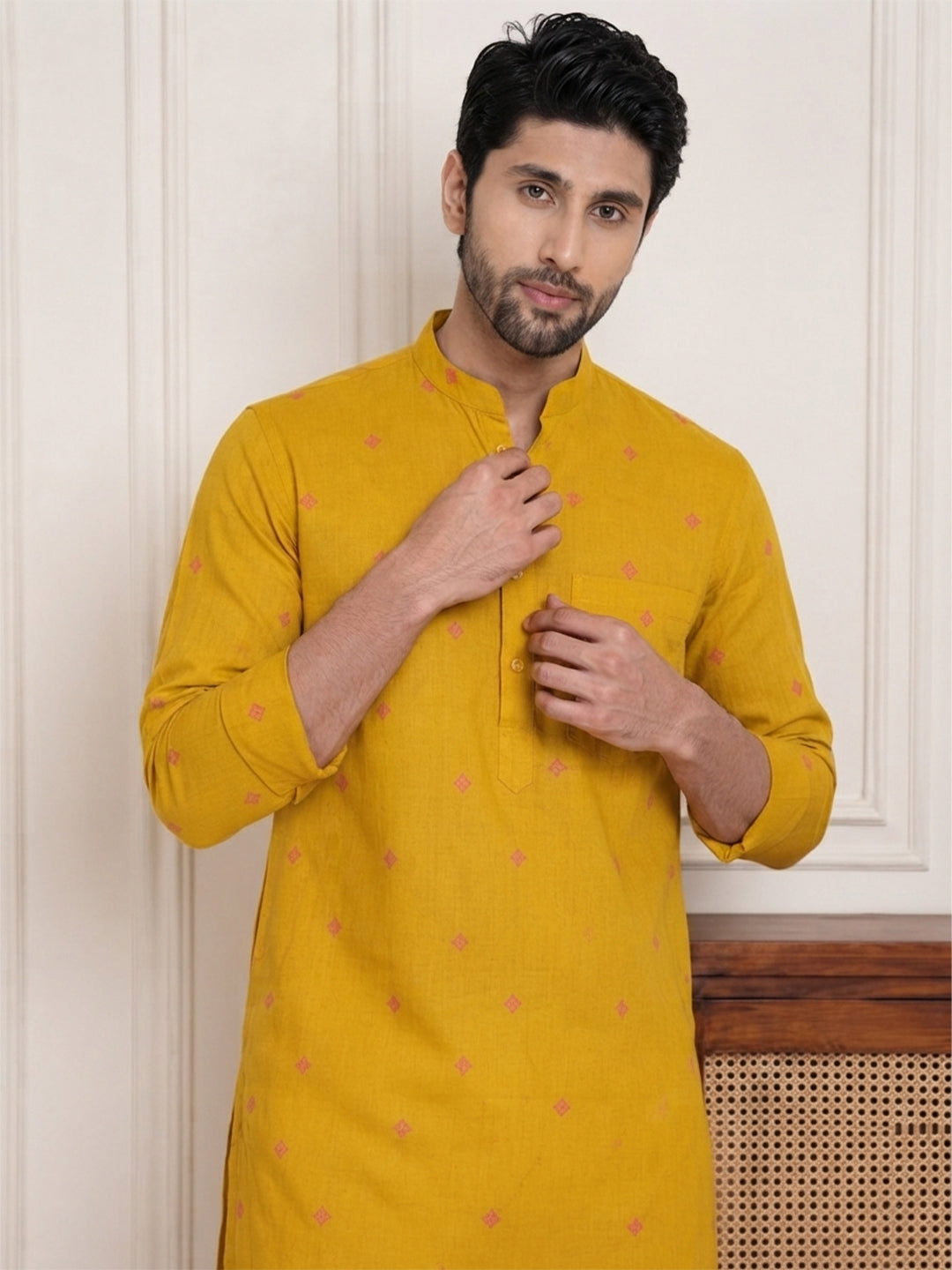 VORA LABEL Men Cotton Printed Regular Fit Long Kurta - Yellow