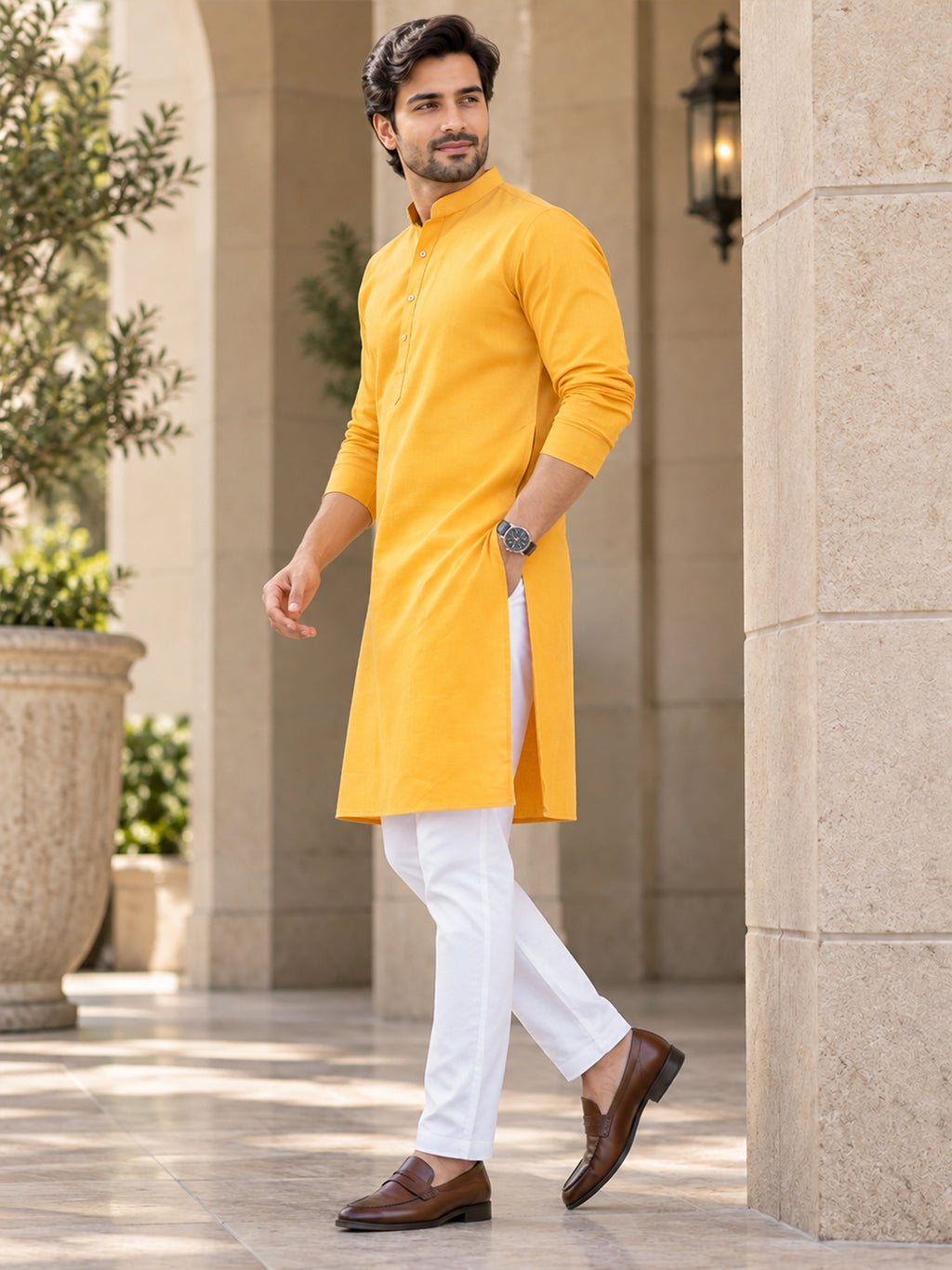 Men's Solid Cotton Blend Kurta | Full Sleeve Mandarin Collar Traditional Kurta | VORA LABEL