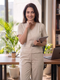 VORA LABEL Women Linen Solid Relaxed Fit Co-ord Set - Cream
