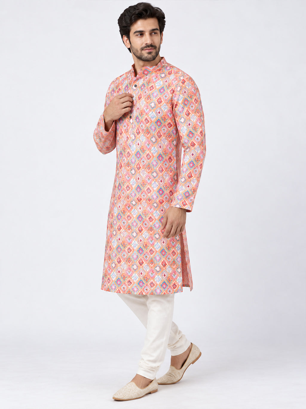 VORA LABEL Men's Multicolor Printed Pure Cotton Kurta | Full Sleeve Mandarin Collar Traditional Ethnic Wear