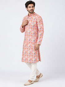 VORA LABEL Men's Multicolor Printed Pure Cotton Kurta | Full Sleeve Mandarin Collar Traditional Ethnic Wear