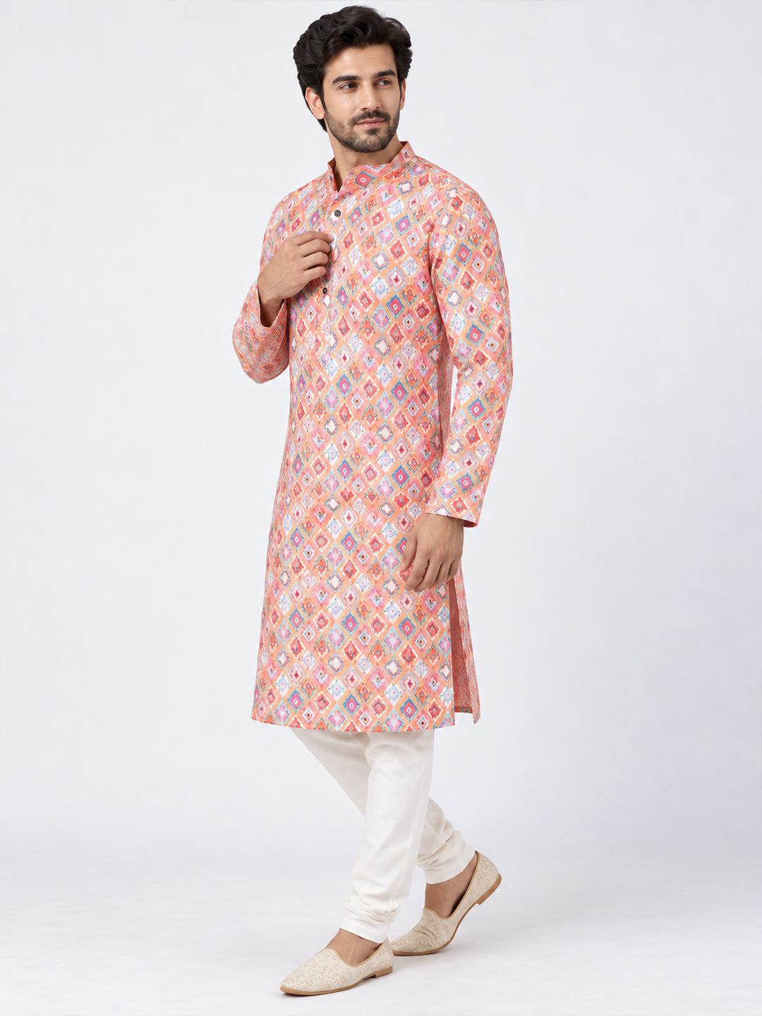 VORA LABEL Men's Multicolor Printed Pure Cotton Kurta | Full Sleeve Mandarin Collar Traditional Ethnic Wear