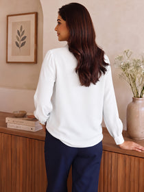 VORA LABEL Women's Elegant White Crepe Tie-Neck Blouse with Full Sleeves | Stylish Formal & Office Wear Top