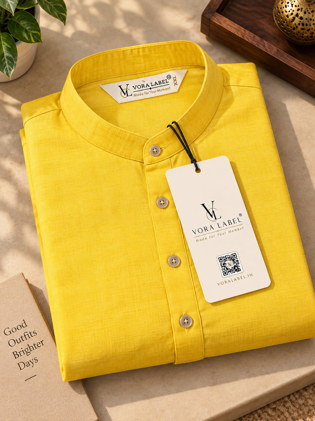 VORA LABEL Men’s Cotton Blend Solid Yellow Kurta | Mandarin Collar Full Sleeve Kurta | Ethnic & Festive Wear