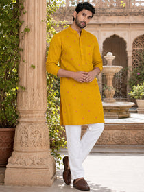 VORA LABEL Men Cotton Printed Regular Fit Long Kurta - Yellow