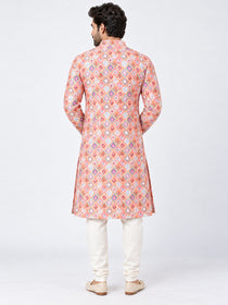 VORA LABEL Men's Multicolor Printed Pure Cotton Kurta | Full Sleeve Mandarin Collar Traditional Ethnic Wear