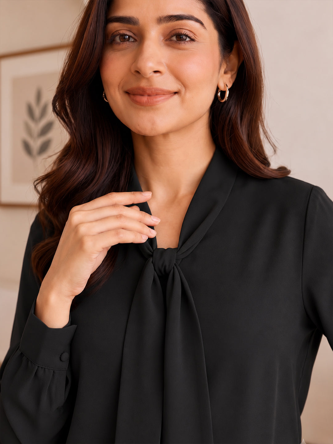 VORA LABEL Women’s Black Crepe Bow-Tie Neck Blouse